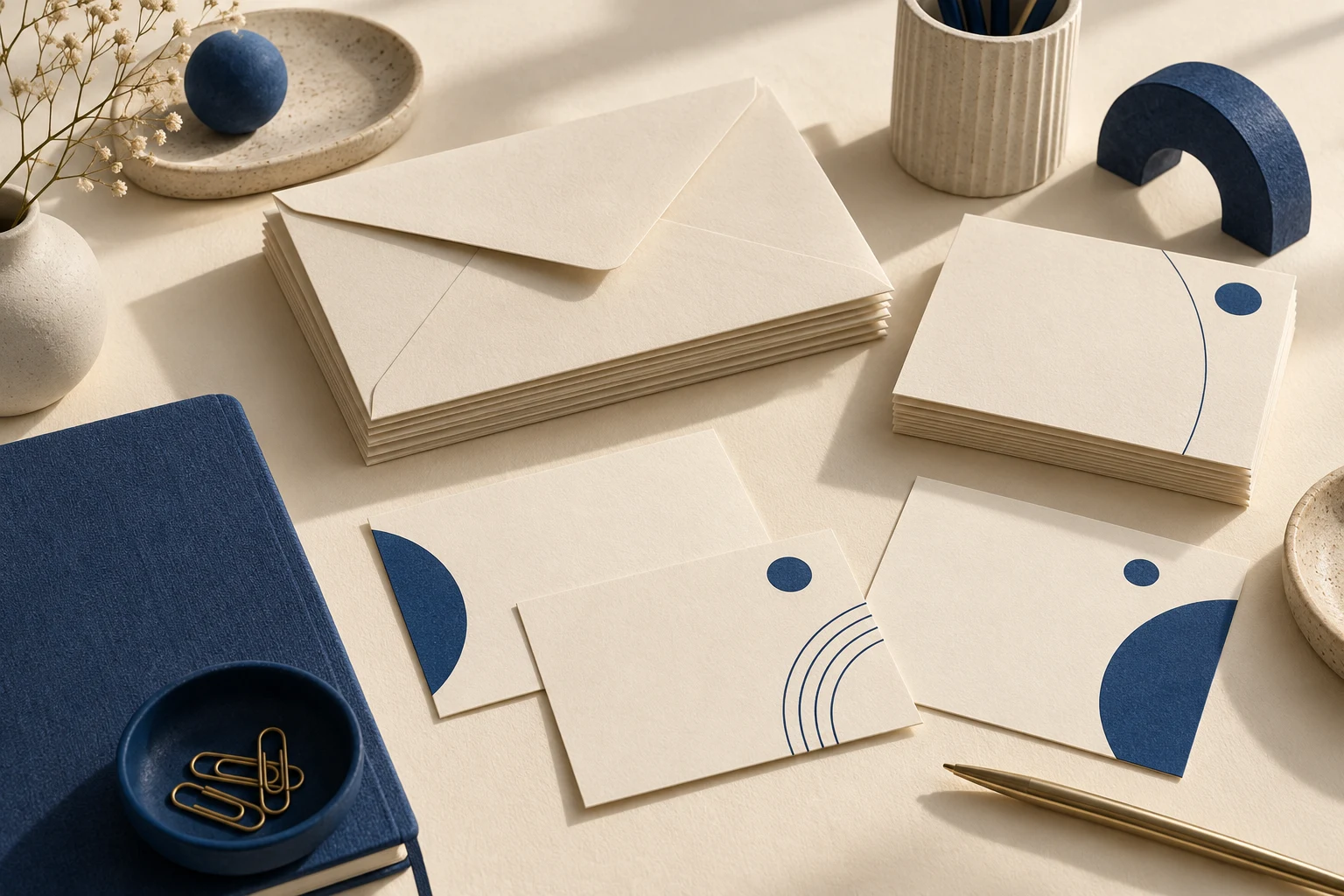 Cream envelopes and blank note cards with abstract blue details; a fictional editorial illustration.