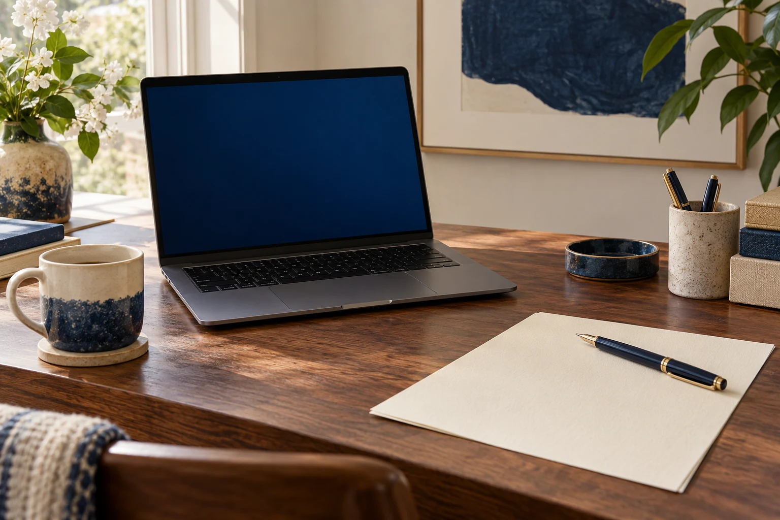 A fictional laptop with a plain blue screen beside blank paper and a fountain pen in daylight.